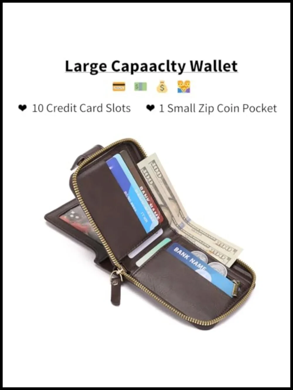 Men's Leather Bifold Wallet with ID Window, Zip Coin Pocket & 10 Card Slots